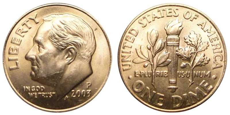 2003-P Roosevelt dime obverse and reverse showing mint mark location