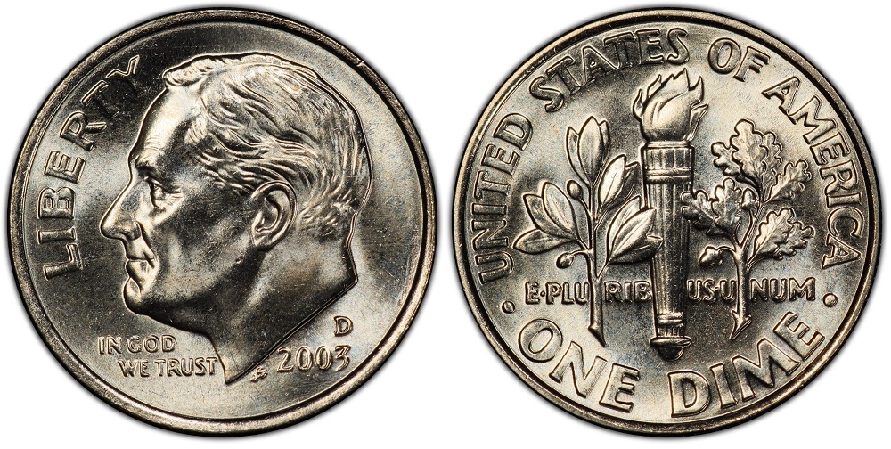 Side-by-side comparison of 2003 dime standard strike (no Full Bands) vs Full Bands torch detail