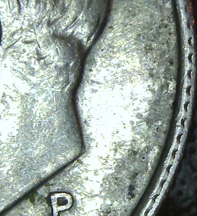 2003-P dime double rim error showing stair-step rim profile