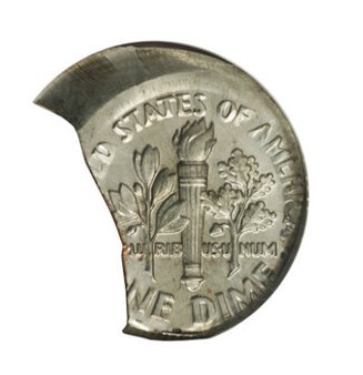 2003-D dime ragged clipped planchet error showing missing edge section and Blakesley Effect