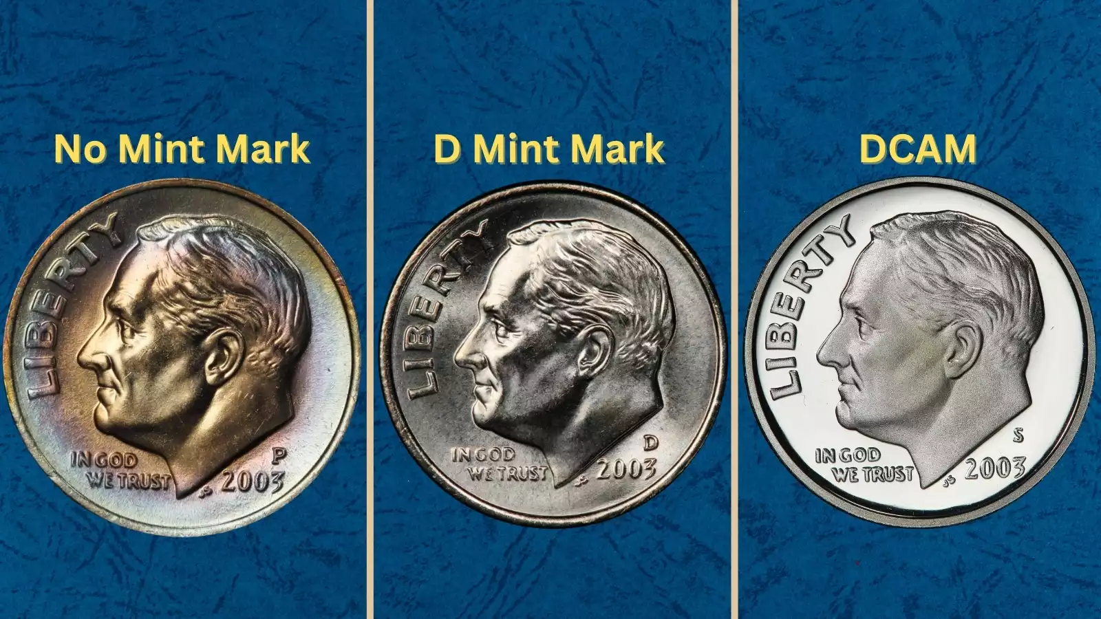 Group of 2003 Roosevelt dimes showing various grades and mint marks for mintage reference