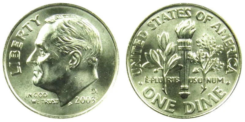 2003 Roosevelt dime grading strip showing four condition tiers from worn to gem uncirculated